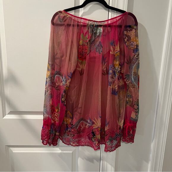 NWT JOHNNY WAS $270 Floral Embroidered Mesh Peasant Blouse - Picture 8 of 8